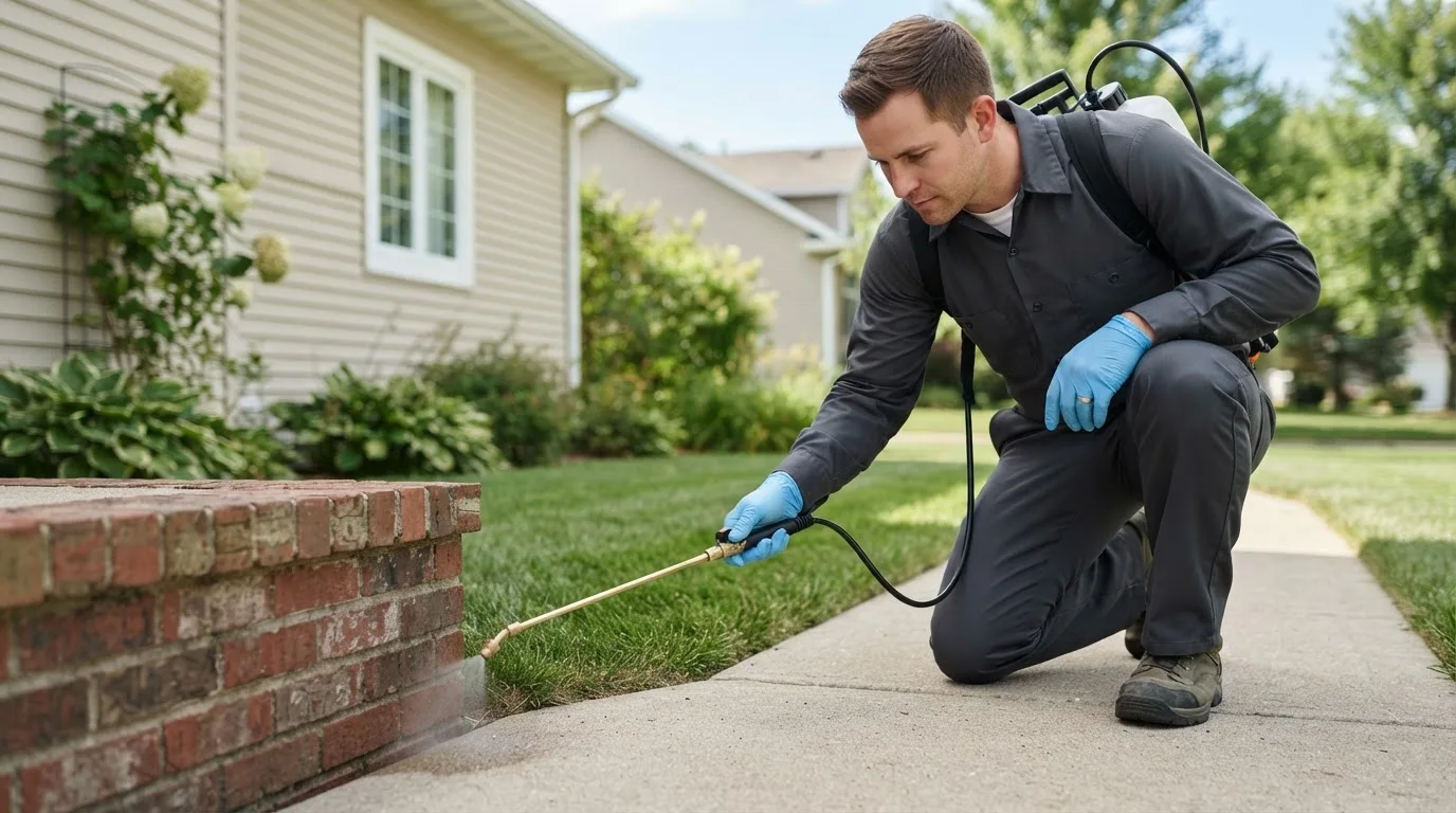 Pest control technician treating a home near Rheems, PA